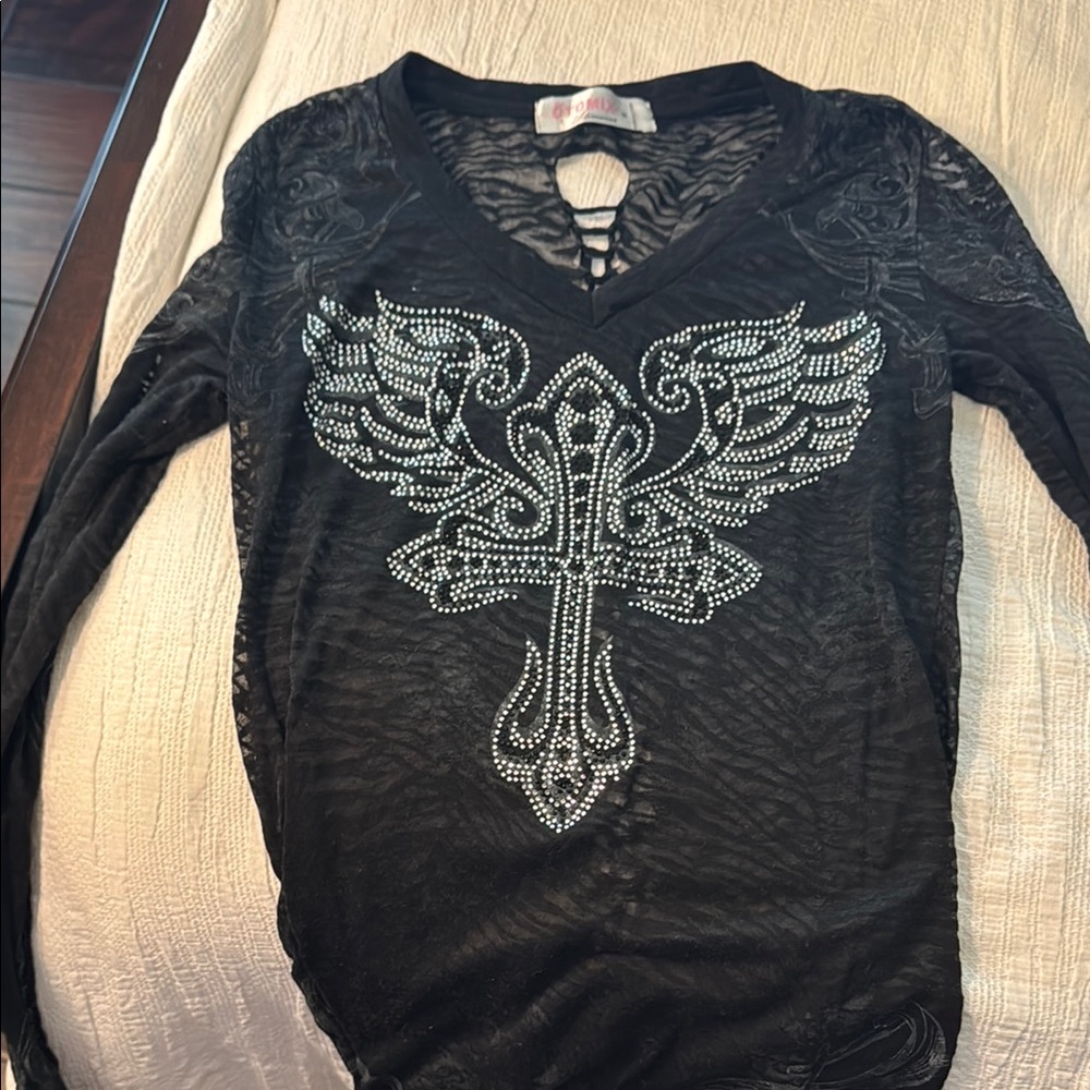 Black Long Sleeve Top with Rhinestone Design